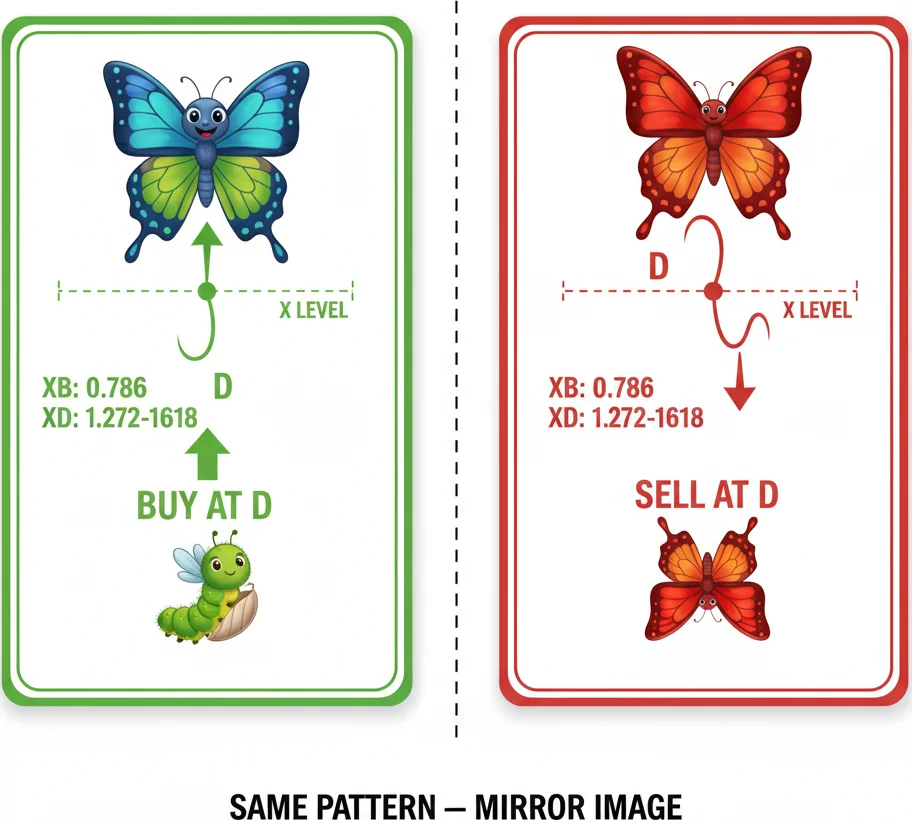 Butterfly pattern bullish and bearish setups with key Fibonacci ratios