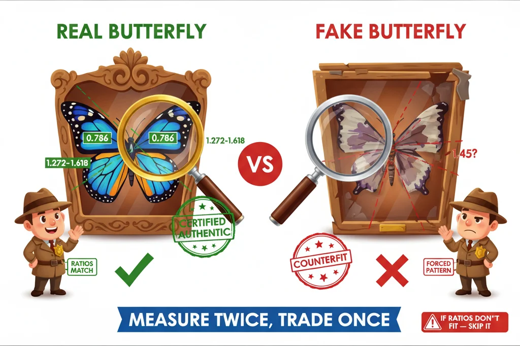 Common harmonic butterfly errors — misidentifying ratios and forced patterns