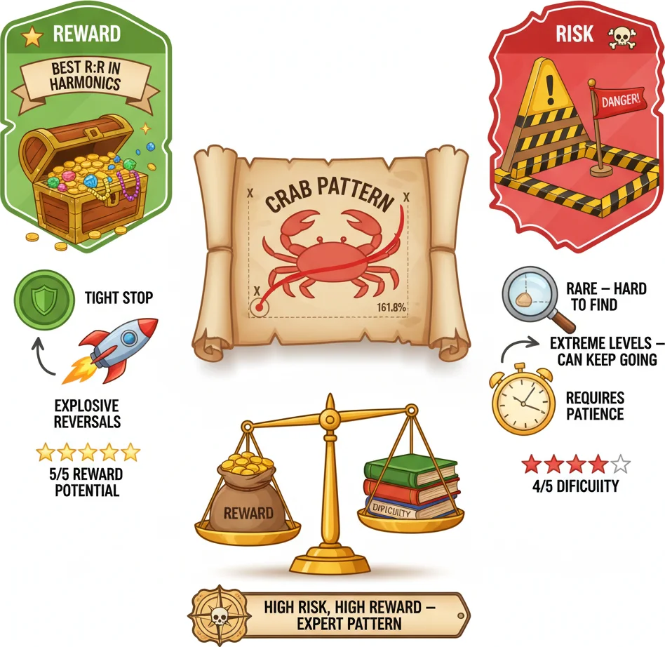 Crab pattern strengths and weaknesses — explosive rewards but rare and risky