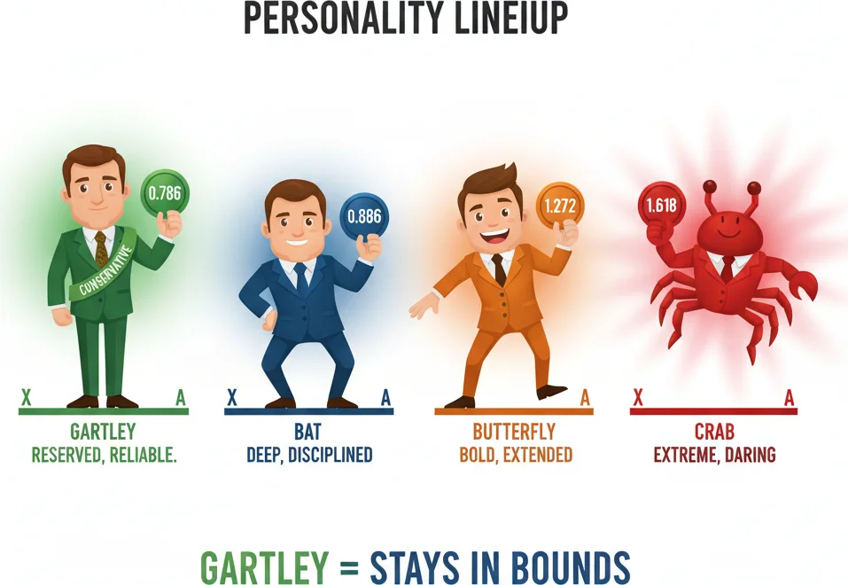 Gartley is the most conservative harmonic — staying within the XA range