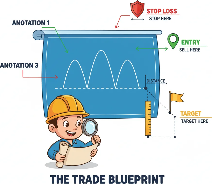 Neckline break entry with stop loss placement and measured move target