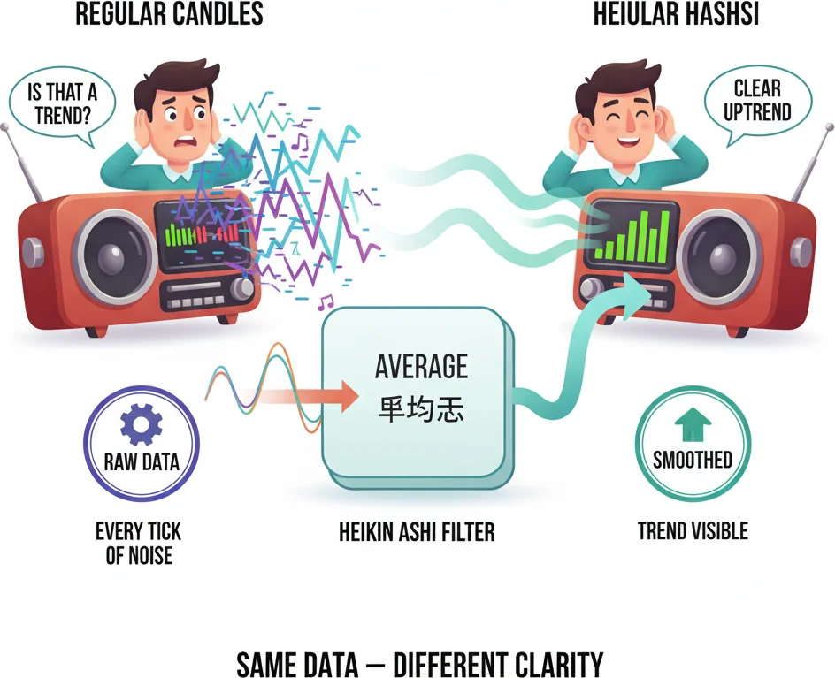 Heikin Ashi smoothing — averaging candlestick values to reduce noise