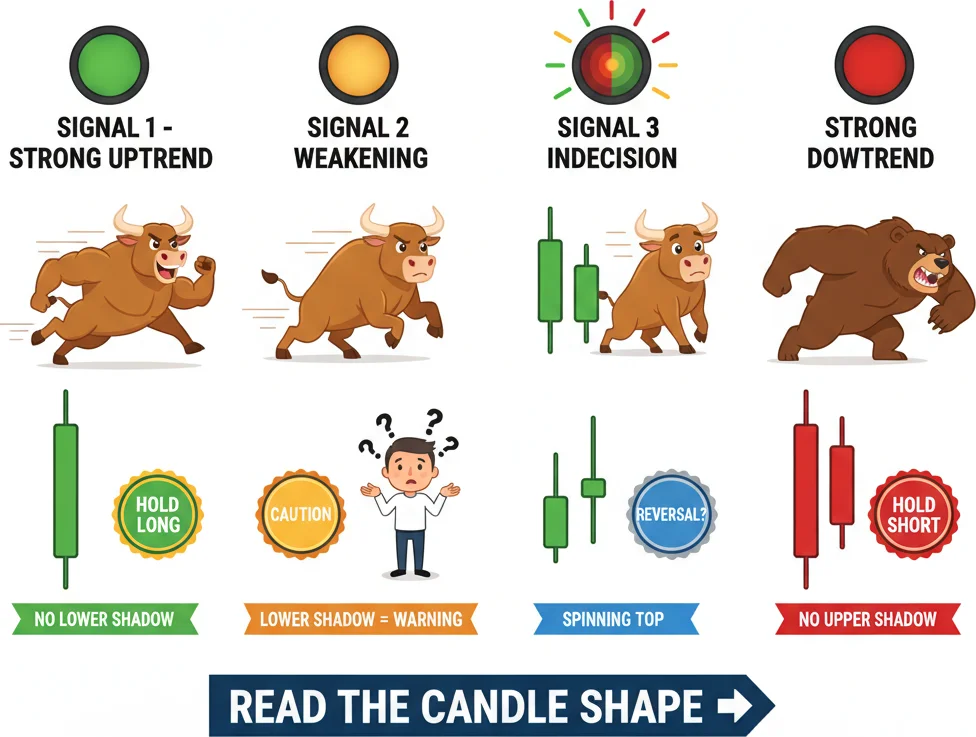 Heikin Ashi candle types — solid green bodies mean strong uptrend