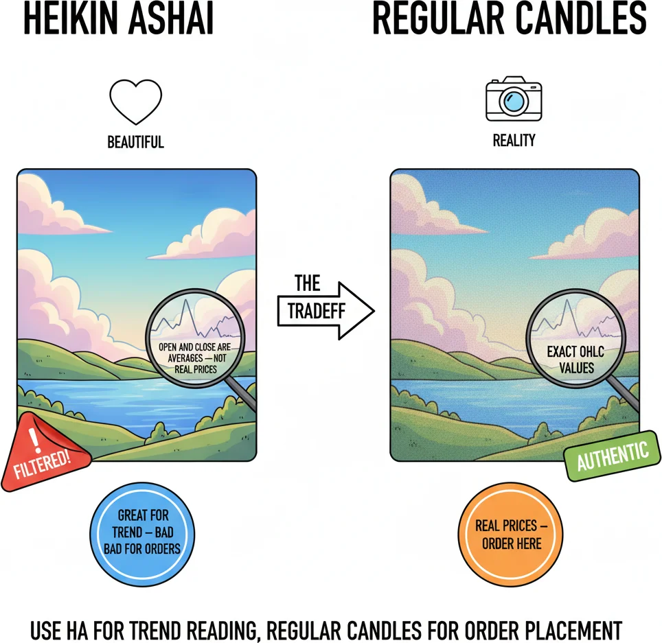 Heikin Ashi limitations — the smoothing hides exact entry prices