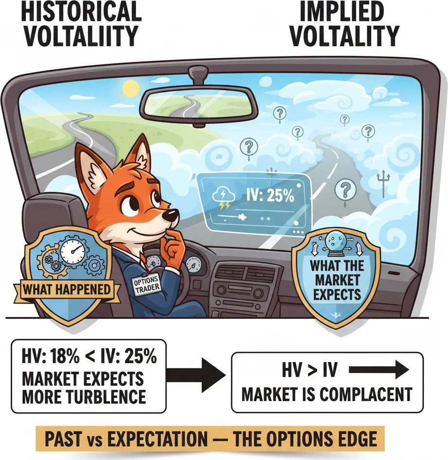 Historical volatility vs implied volatility — past vs market expectations