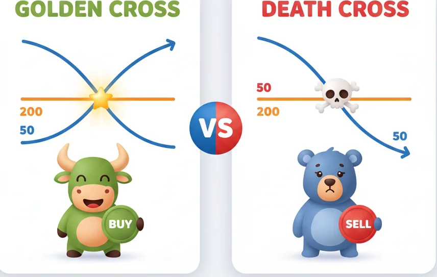 Golden Cross (bullish) vs Death Cross (bearish) signal comparison