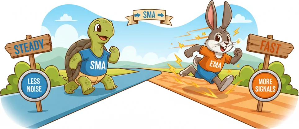 SMA vs EMA comparison — slow and steady vs fast and reactive