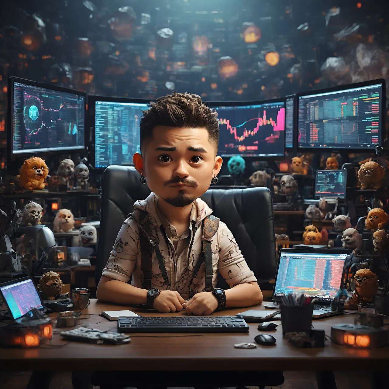 A stylized man with a large head sits at a desk surrounded by multiple trading monitors.