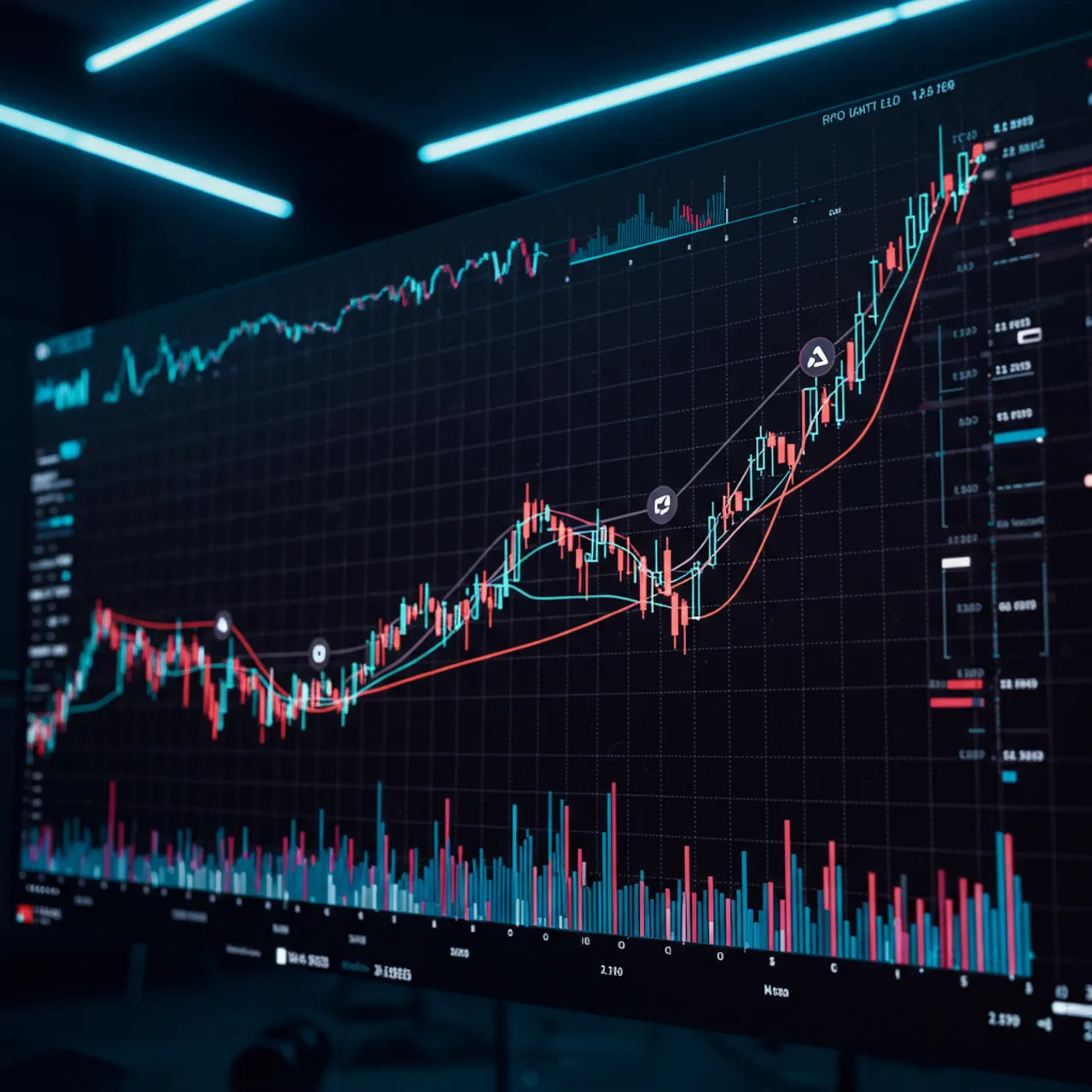 A close-up, low-angle shot of a digital stock market chart with glowing lines and bars.