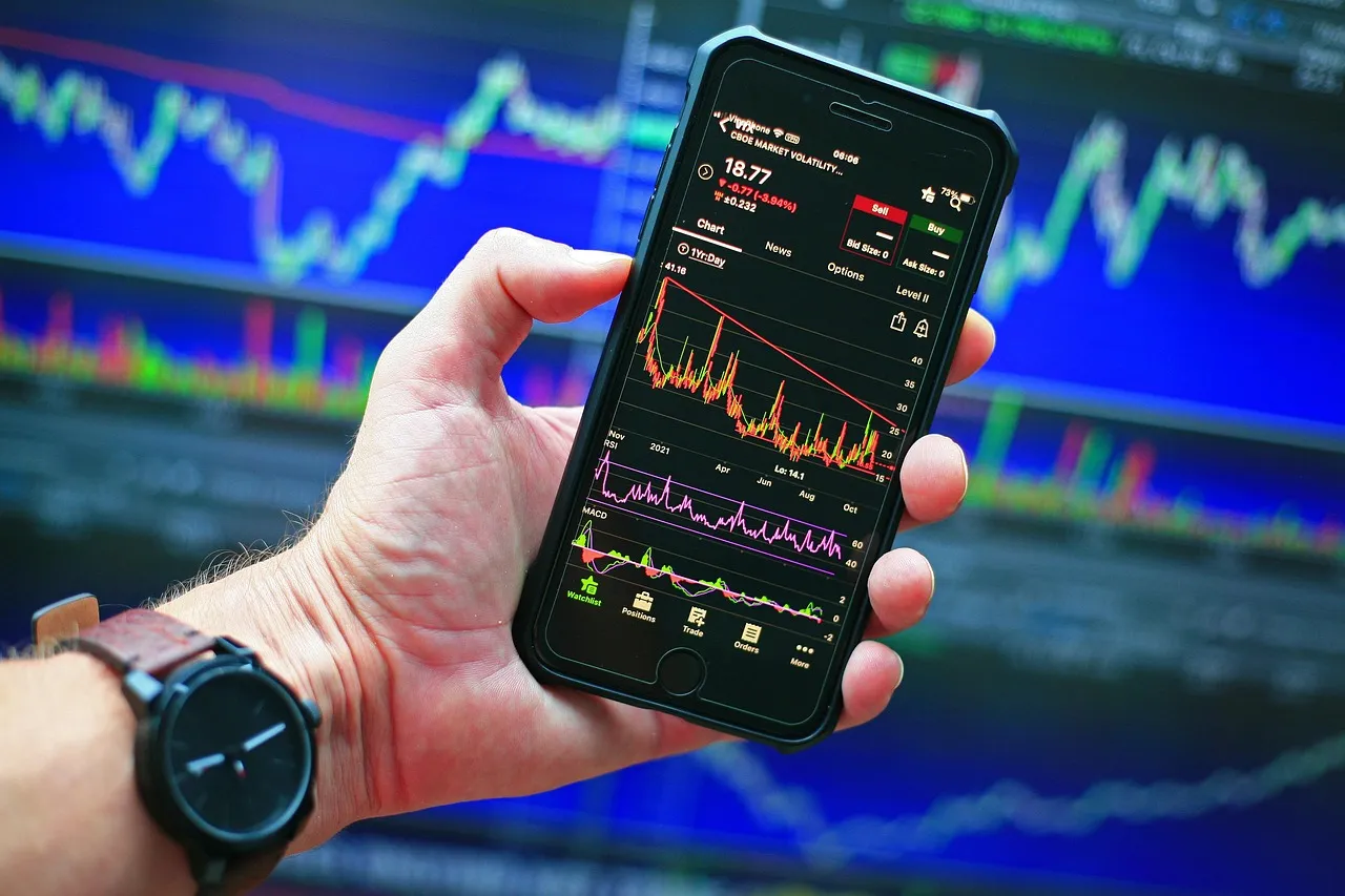 A hand holds a smartphone displaying a stock trading app with charts, against a blurred background of more financial graphs.