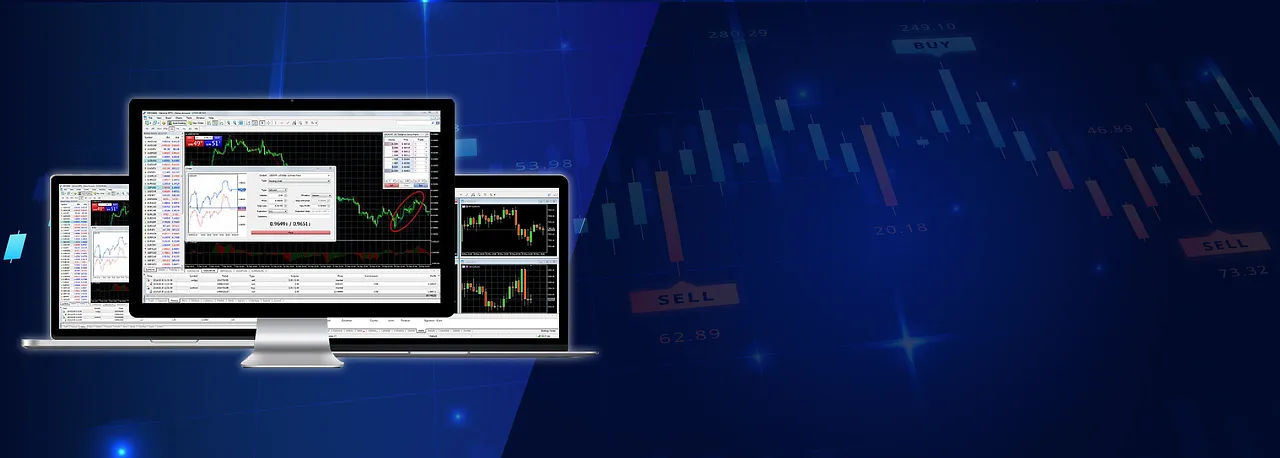 A digital image showing multiple screens displaying financial trading charts and data, set against a blue background with abstract candlestick patterns and glowing elements.