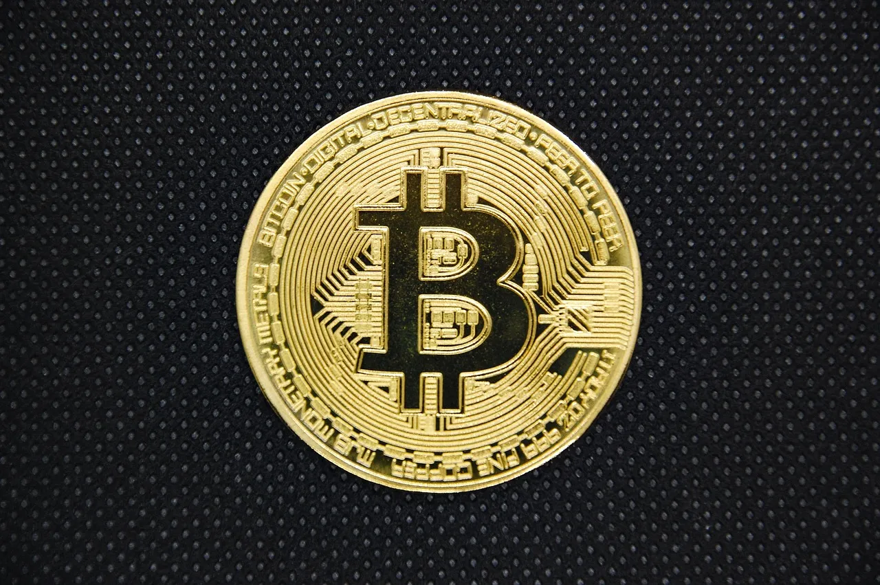A golden Bitcoin coin with a circuit board design on a dark, textured background.