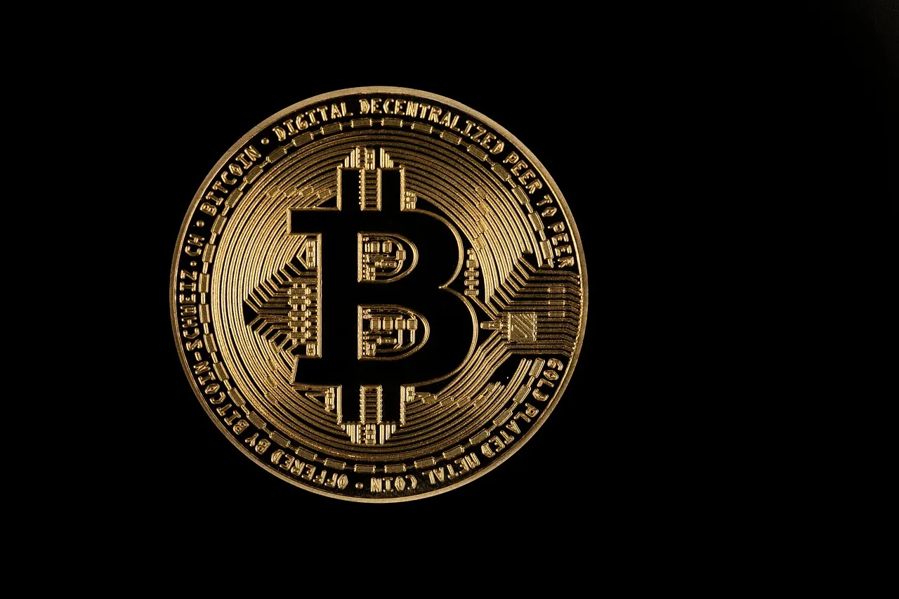 A golden Bitcoin coin with a circuit board design on a black background.