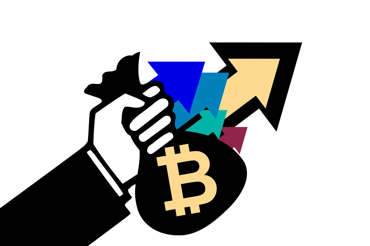 A hand holds a bag with a Bitcoin symbol, surrounded by upward-pointing arrows.