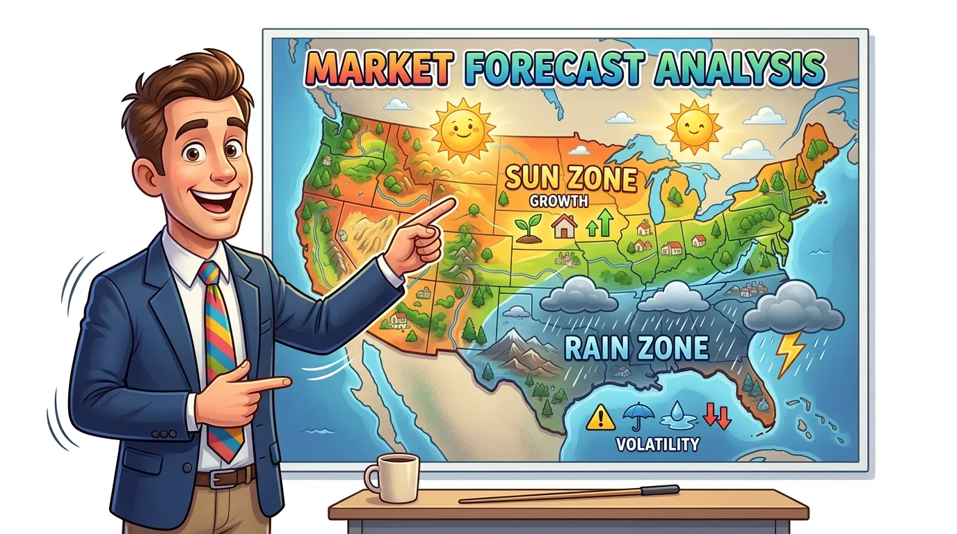 A cartoon man presents a market forecast map of the US, showing 'Sun Zone' growth and 'Rain Zone' volatility.