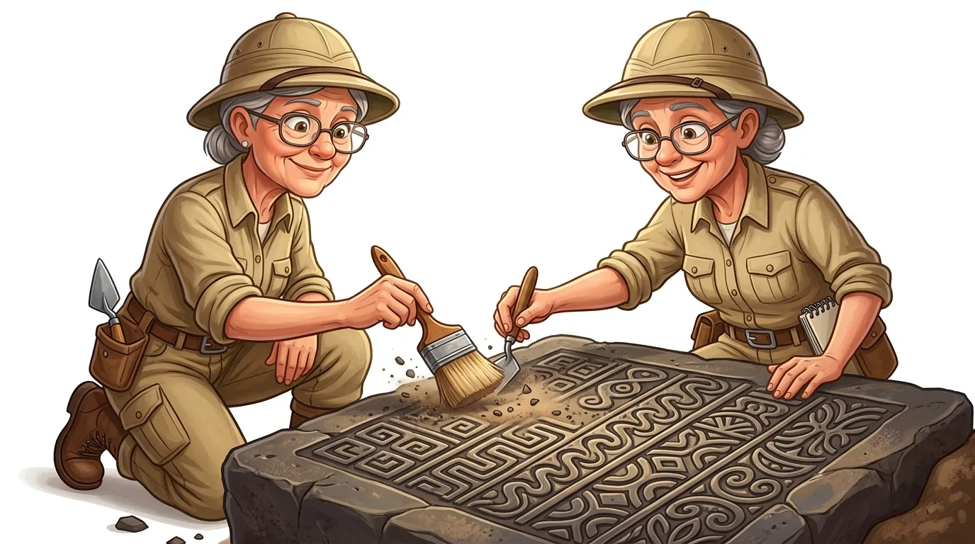 Two elderly female archaeologists in safari hats and outfits excavating an ancient stone tablet.