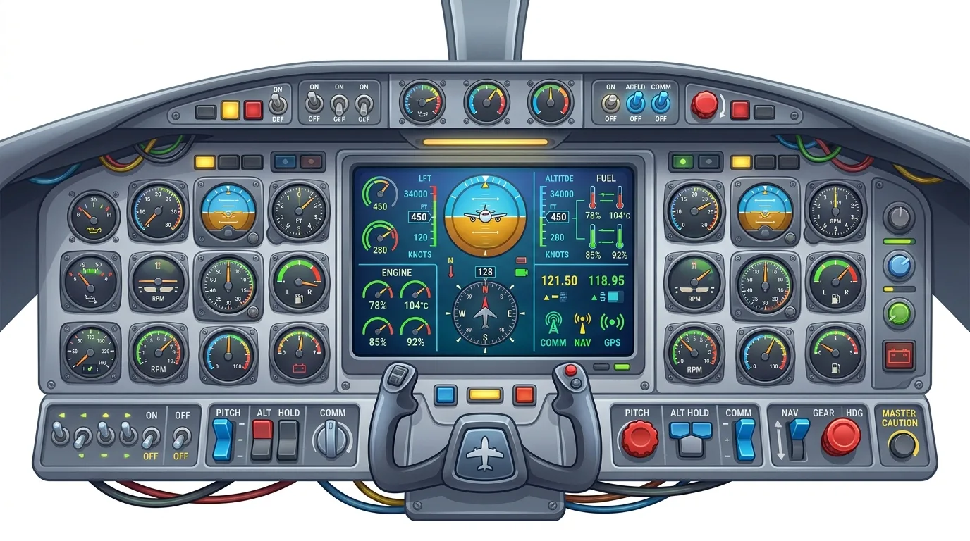 A detailed illustration of an airplane cockpit dashboard with various gauges, screens, and controls.