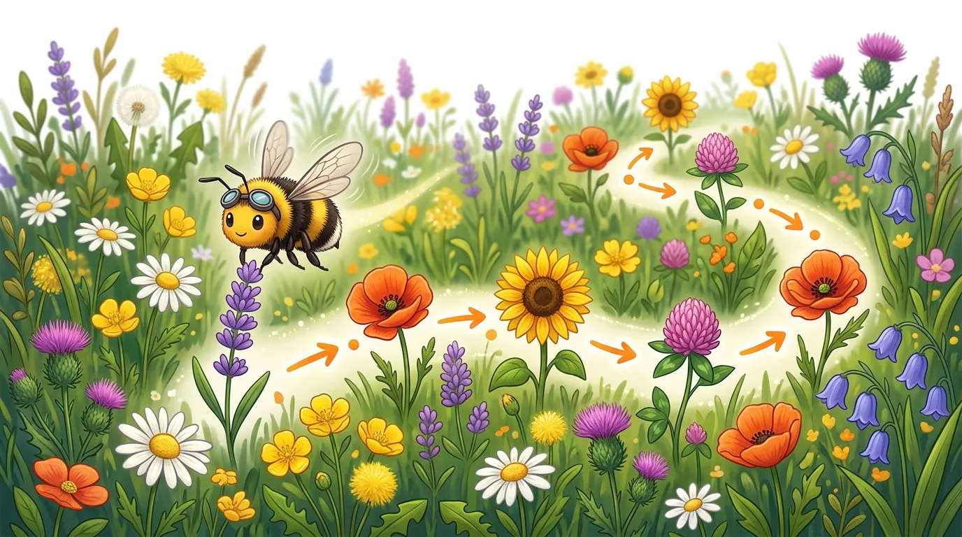A cute bee with goggles flies along a winding path of flowers in a vibrant meadow.