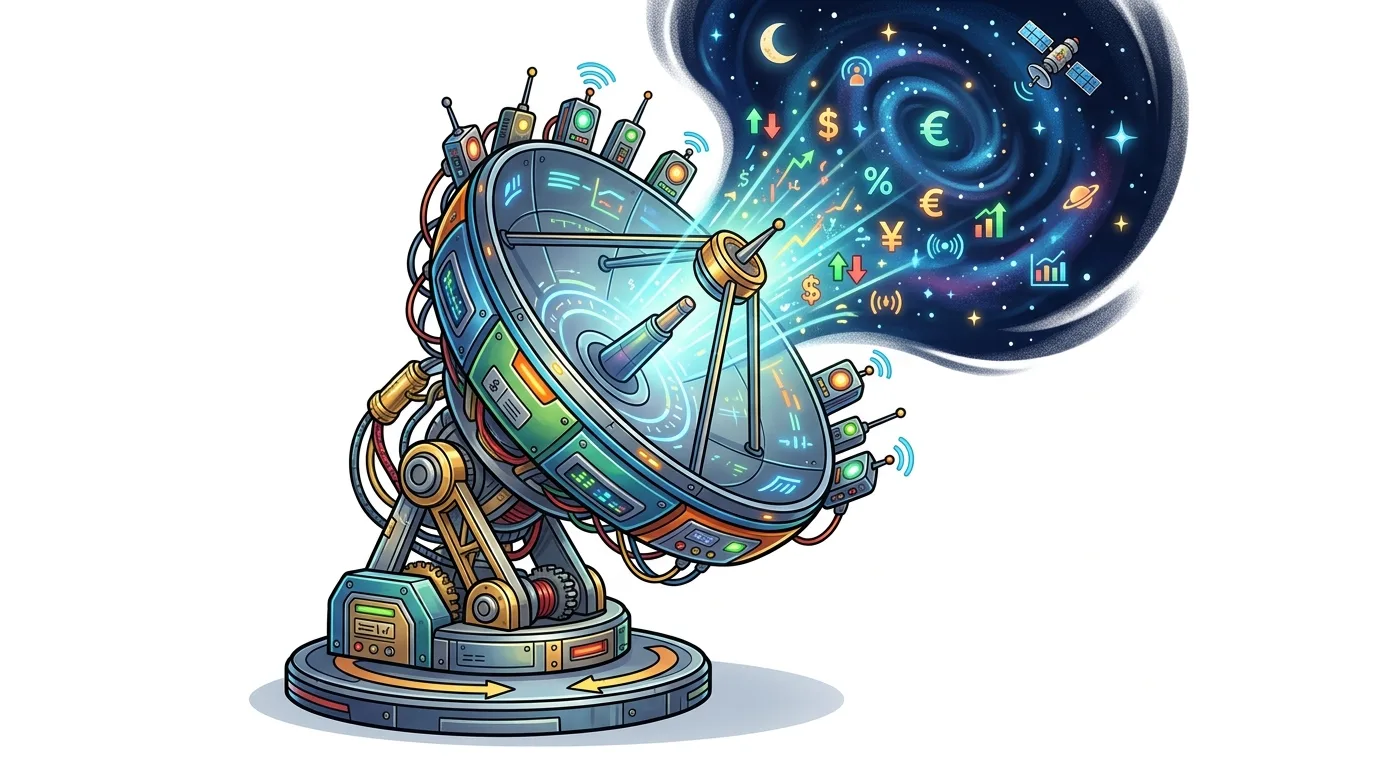 A cartoon satellite dish broadcasts financial data and symbols into a starry night sky.