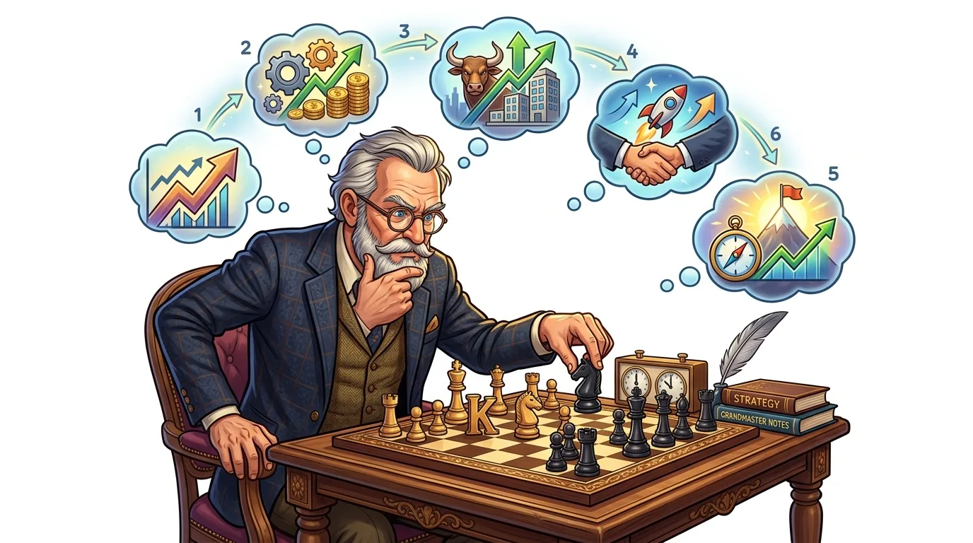 An older man playing chess, thinking about a multi-step financial strategy for growth.