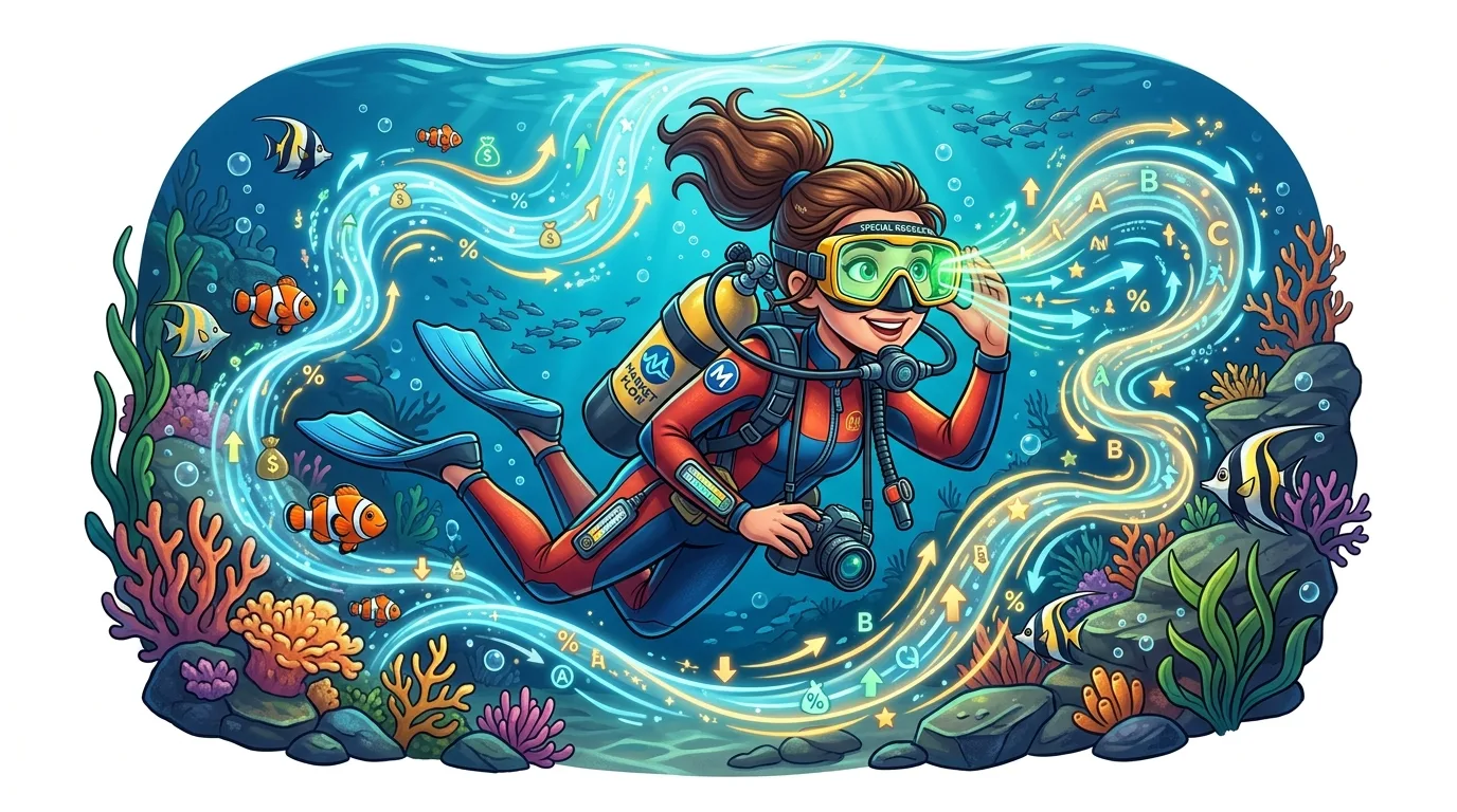 A female diver explores an underwater world filled with financial symbols and data streams.