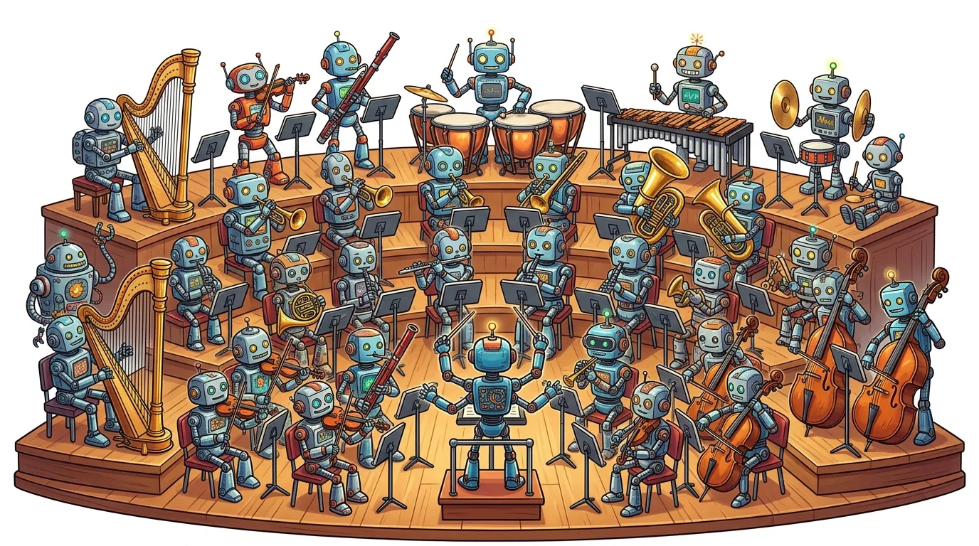 An orchestra of robots playing various musical instruments on a tiered stage.