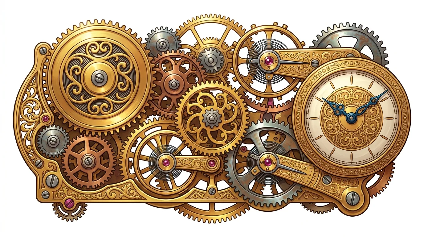 An intricate steampunk-style illustration of golden gears and clockwork mechanisms.