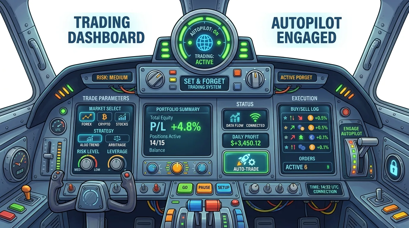 A cartoon airplane cockpit dashboard transformed into a trading interface with "Autopilot Engaged."