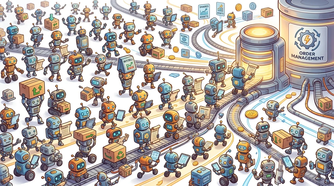 A bustling scene of cartoon robots managing orders and assets on a complex system.