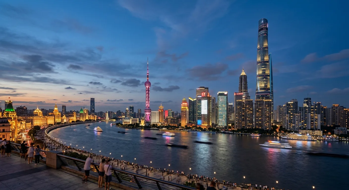 A vibrant panoramic view of Shanghai's Bund and Pudong skyline at dusk, with illuminated buildings and boats on the Huangpu River.