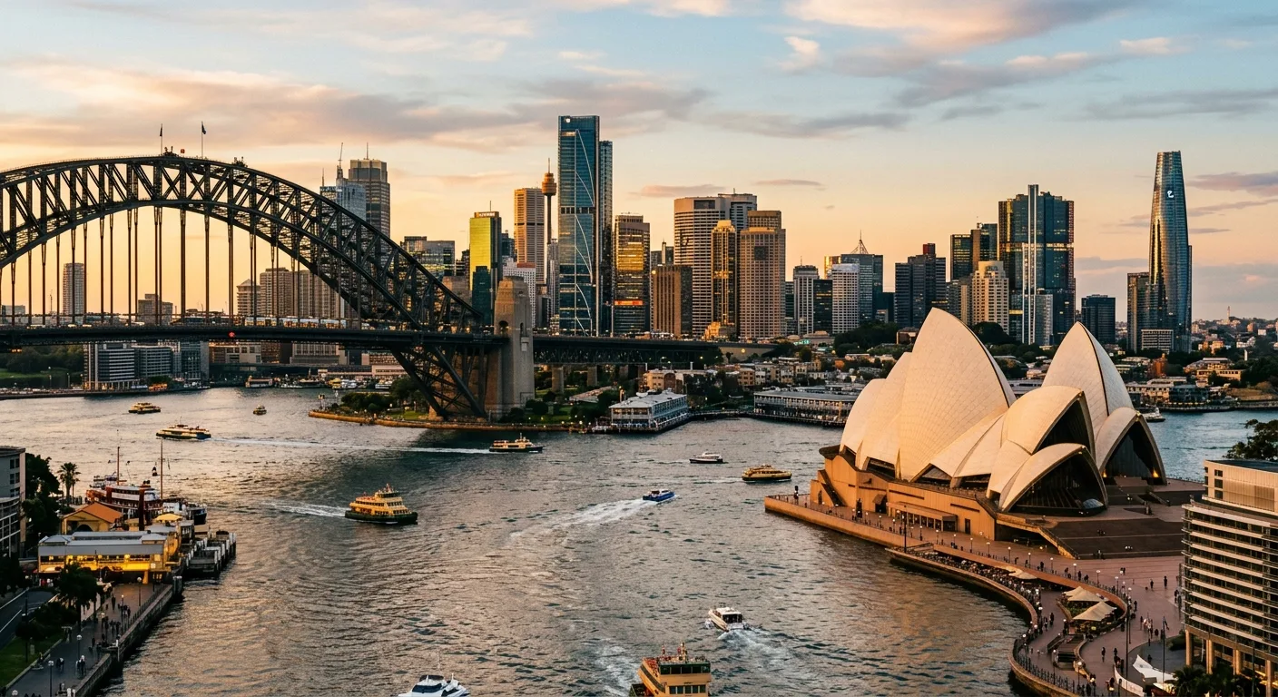 An aerial view of Sydney Harbour at sunset, featuring the Opera House and Harbour Bridge.