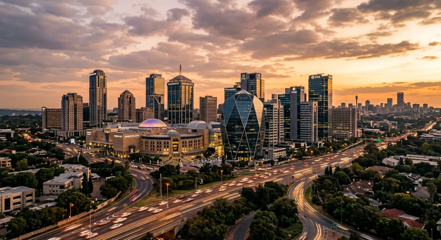 An aerial view of a bustling city skyline at sunset with highways full of light trails.