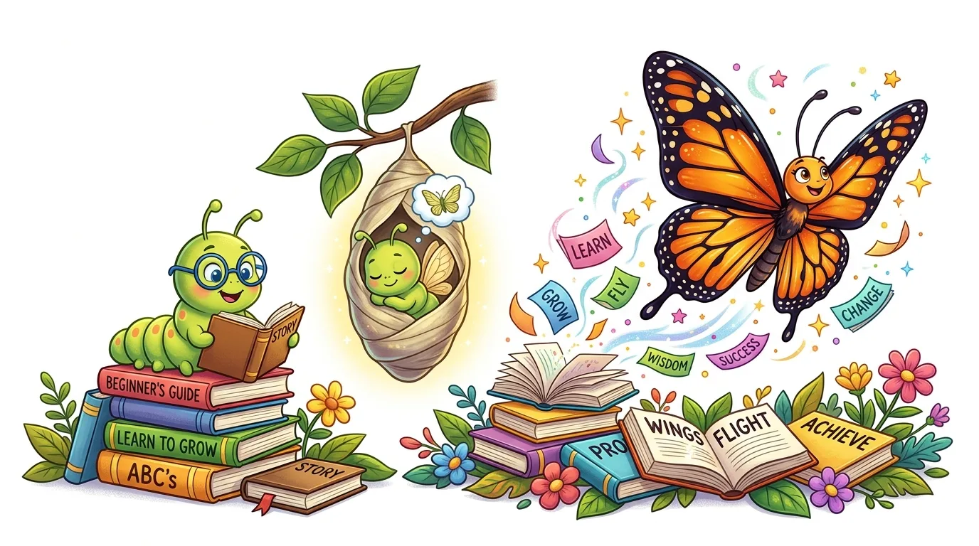 A caterpillar reads books, transforms into a butterfly, symbolizing growth and achievement.