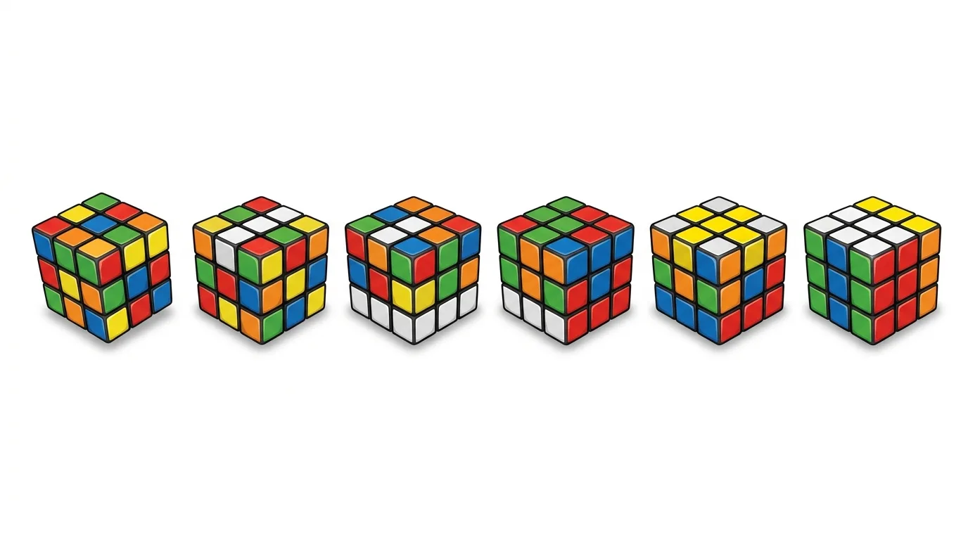 Six Rubik's Cubes in various stages of being solved, arranged in a row.