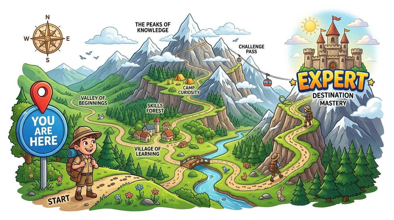 A cartoon map illustrates a journey from "Start" to "Expert" through various learning stages.