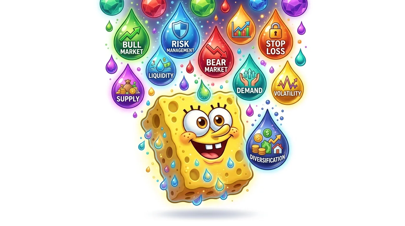 SpongeBob SquarePants is happily absorbing colorful drops representing various financial concepts.