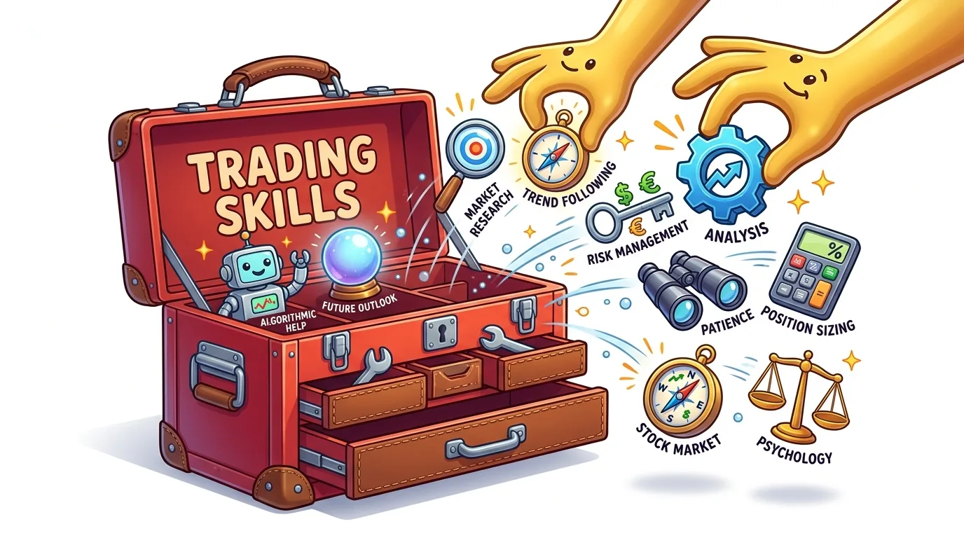 An illustration of a toolbox labeled "TRADING SKILLS" filled with various tools and concepts.