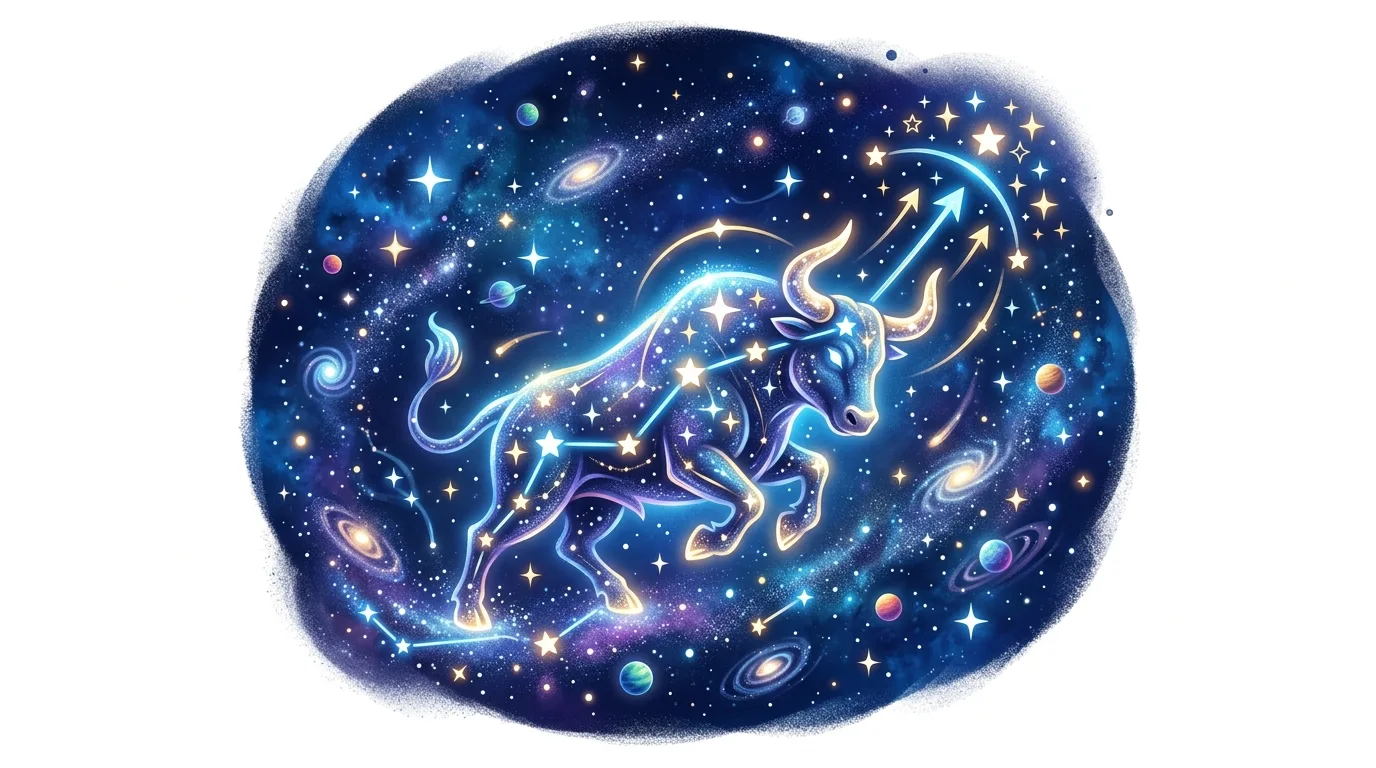 A vibrant, glowing Taurus constellation within a cosmic, starry sky with planets and galaxies.