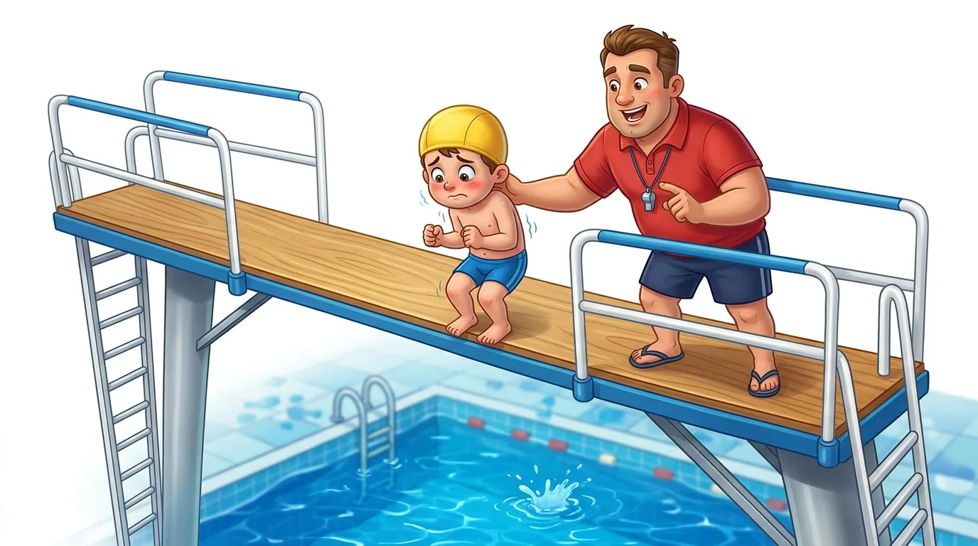 A scared child on a diving board is encouraged by a smiling swim instructor.