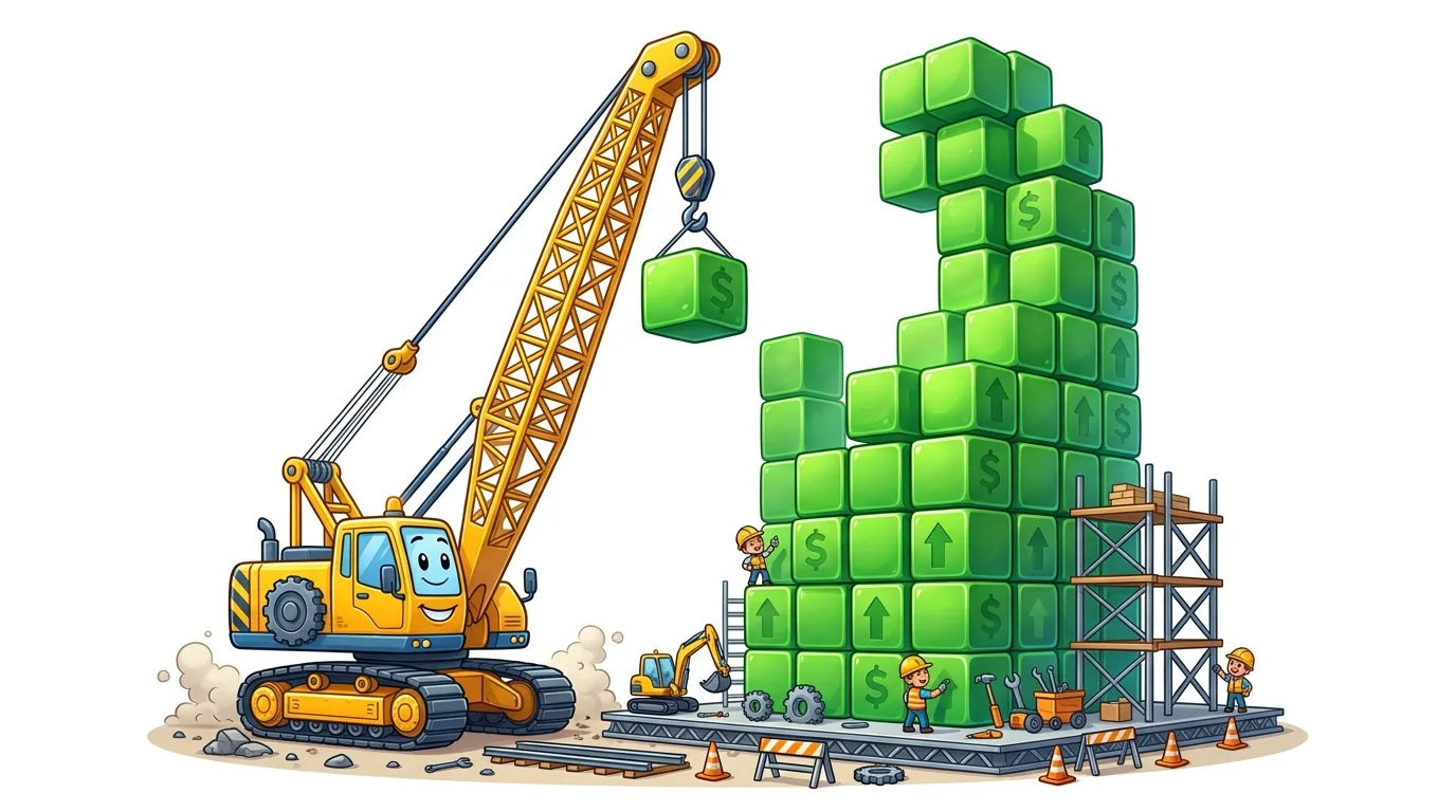 A cartoon crane builds a tower of green blocks with dollar signs and up arrows, assisted by construction workers.