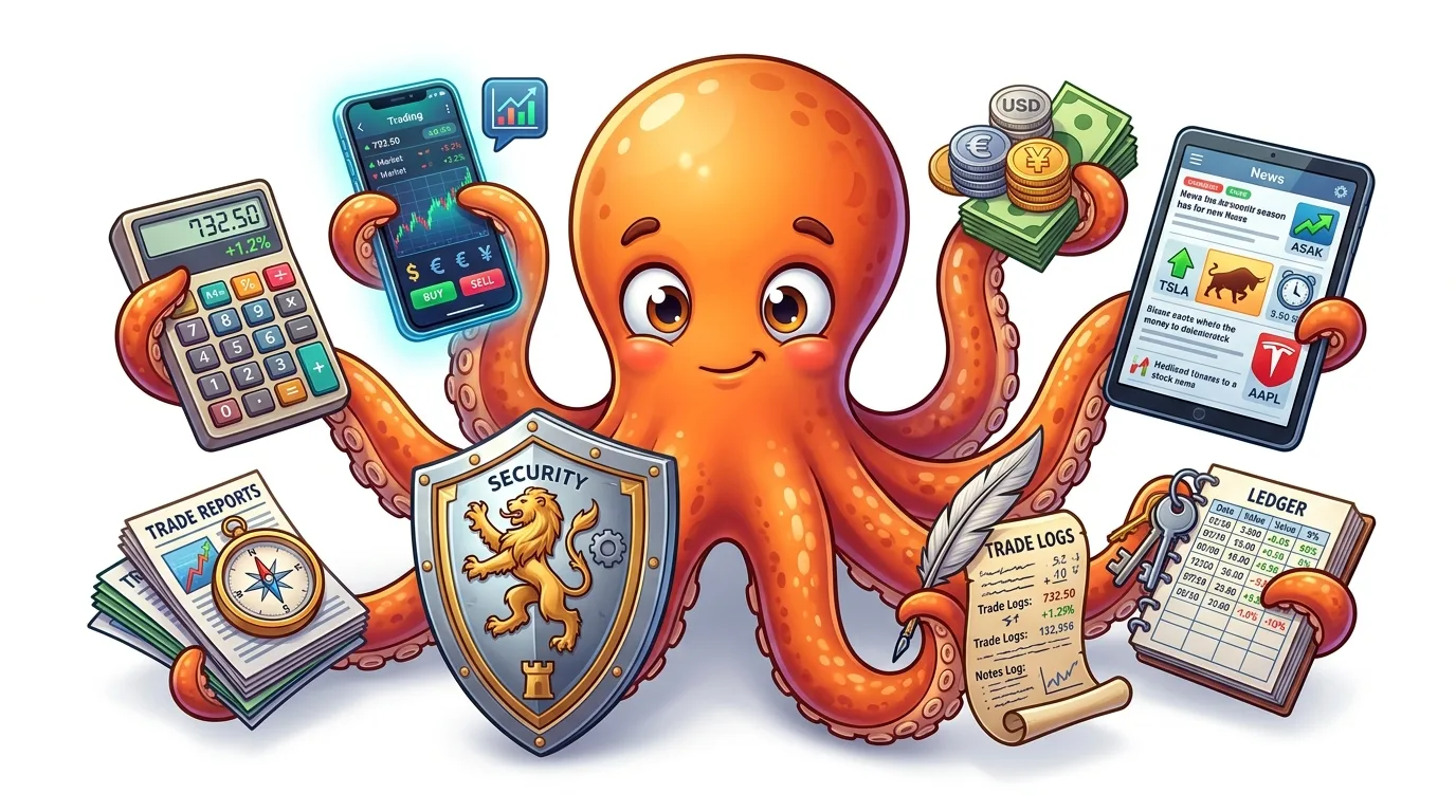 A cartoon octopus manages various financial tools and documents, symbolizing comprehensive trading.