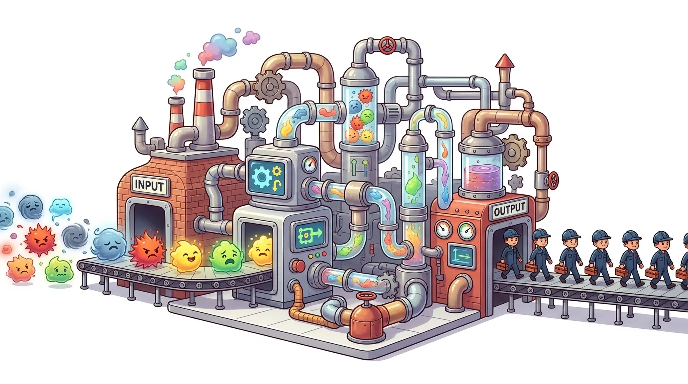 A cartoon factory processes various emotional blobs into uniformed workers.