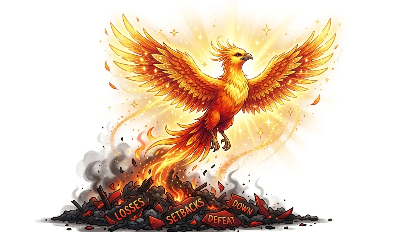A vibrant phoenix rises from ashes labeled "losses," "setbacks," and "defeat."