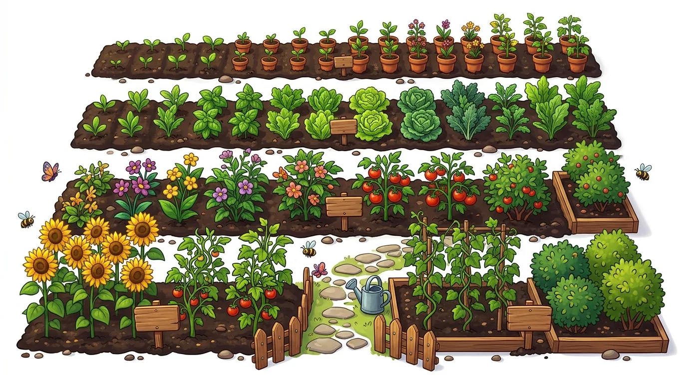 A vibrant, cartoon-style garden with various crops, flowers, and a path.