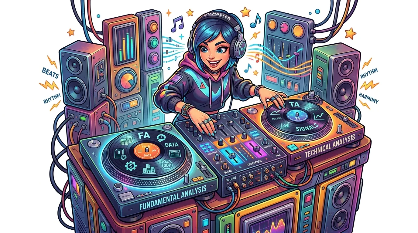 A vibrant cartoon DJ, labeled 'MIXMASTER', mixing music on turntables labeled 'FUNDAMENTAL ANALYSIS' and 'TECHNICAL ANALYSIS'.