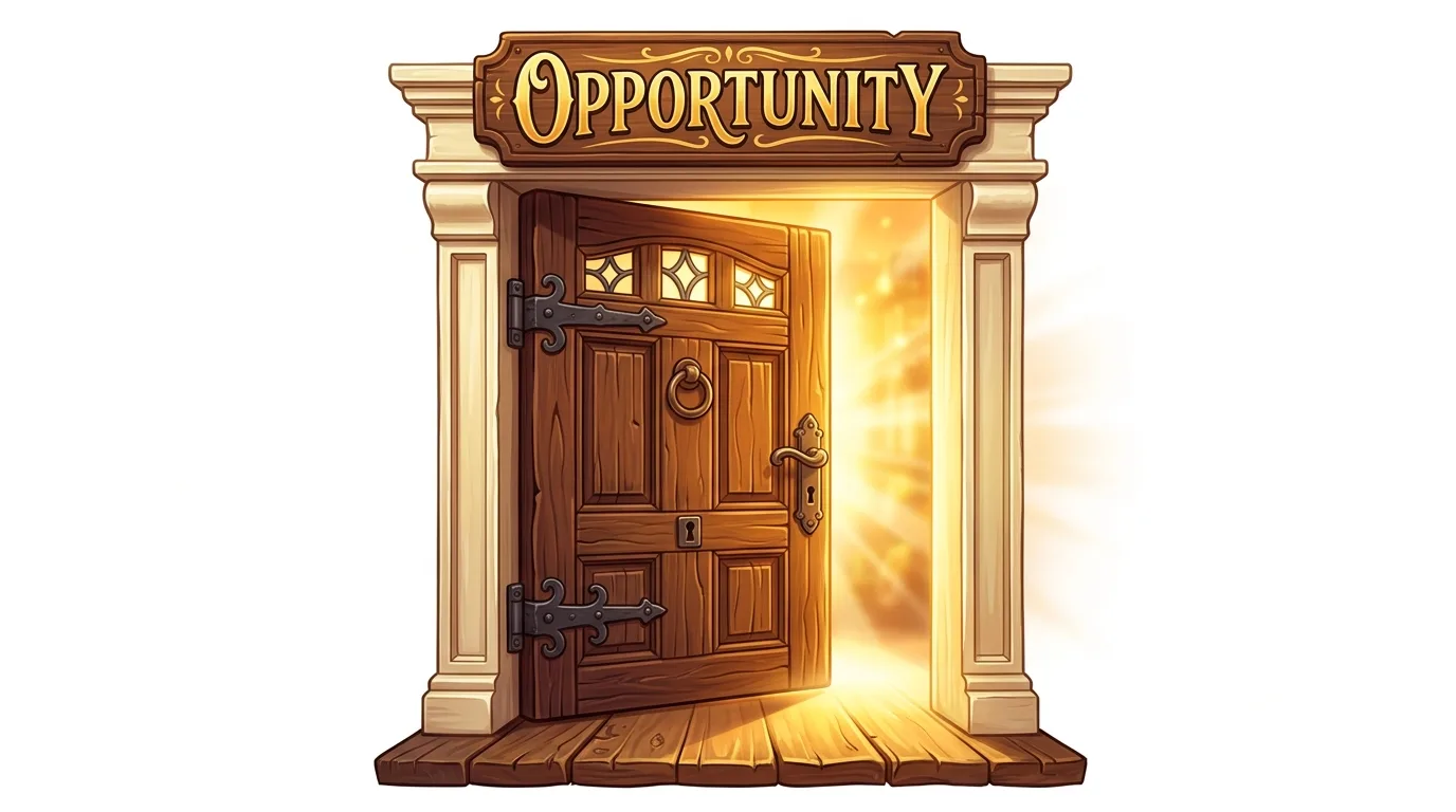 A wooden door, slightly ajar, with a sign above it reading "OPPORTUNITY," revealing a bright, glowing light.