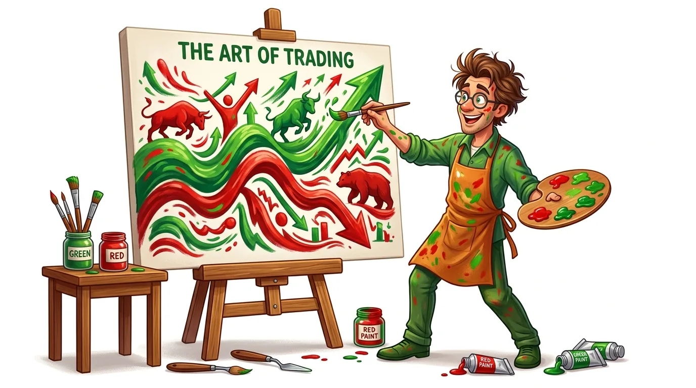 A cheerful artist paints a canvas titled "The Art of Trading" with bullish and bearish market symbols.