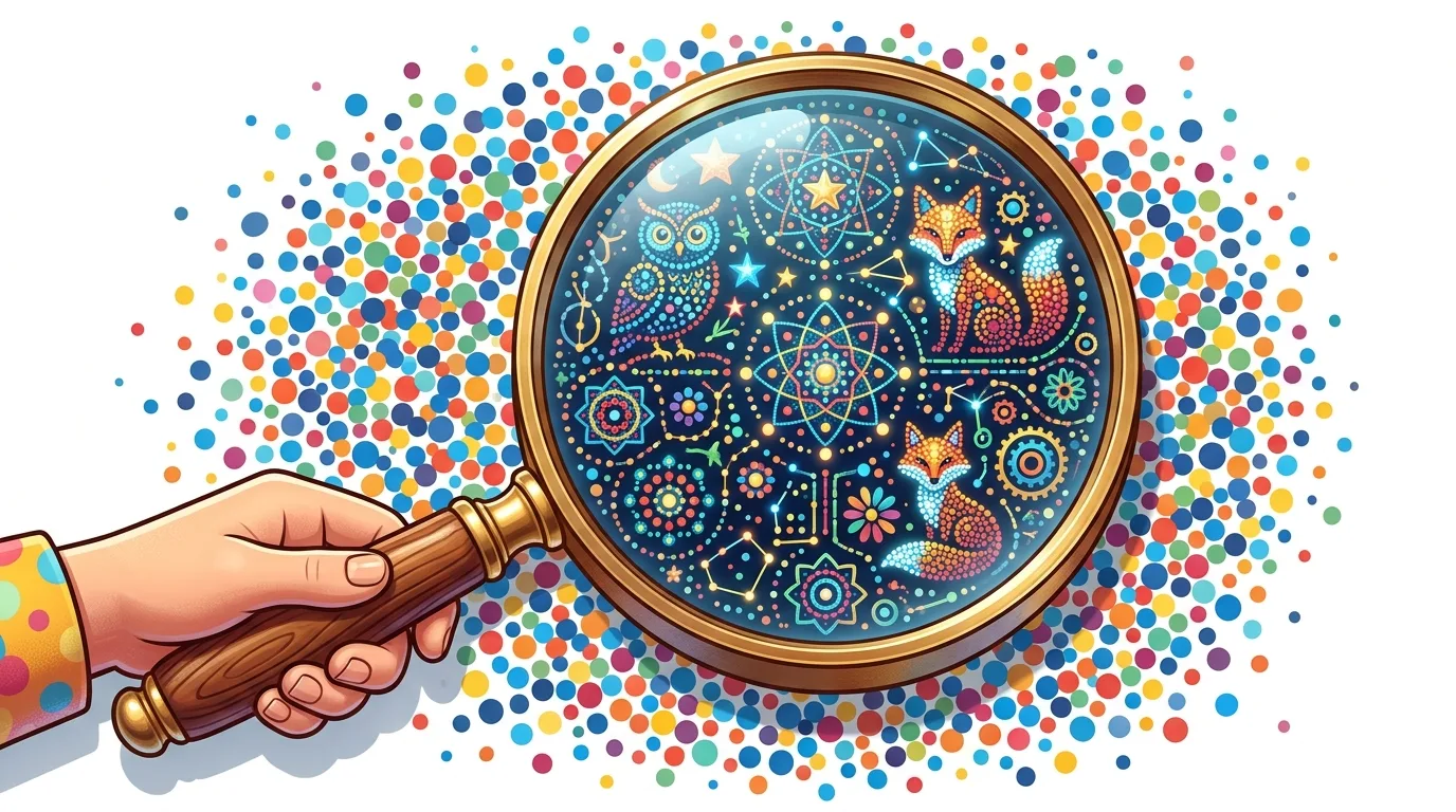 A hand holds a magnifying glass revealing intricate, colorful dot art of animals and patterns.