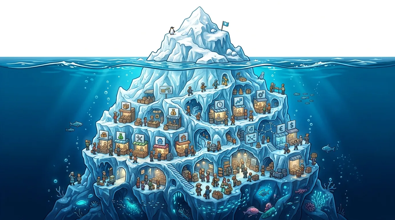 An iceberg illustrates a complex economy with various businesses and activities above and below the waterline.