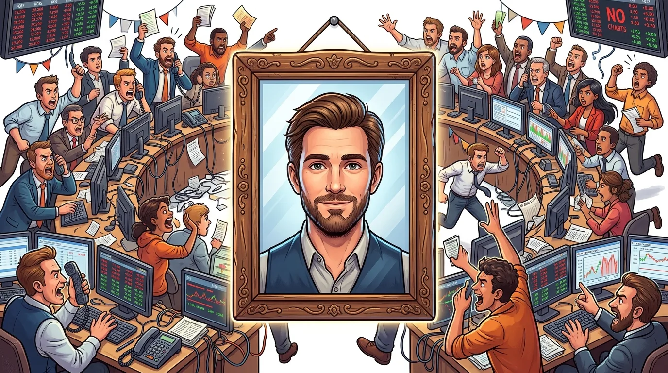 A cartoon image of a chaotic trading floor with a calm man in a portrait at the center.
